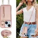 Crossbody Wallet Case for iPhone 14 Plus/15 Plus with Lanyard Strap Card Slot Holder RFID Blocking,Magnetic Flip Folio Zipper Purse Case, PU Leather Cover Handbag,Rose Gold