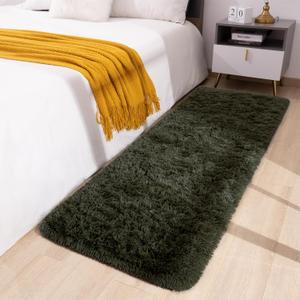 Toneed Fluffy Runner Rug for Bedroom Living Room, 2 x 6 Feet Olive Green Shaggy Rug Super Soft Modern Indoor Area Rug Fuzzy Plush Carpet for Dorm Nursery Kids Room Home Decorative