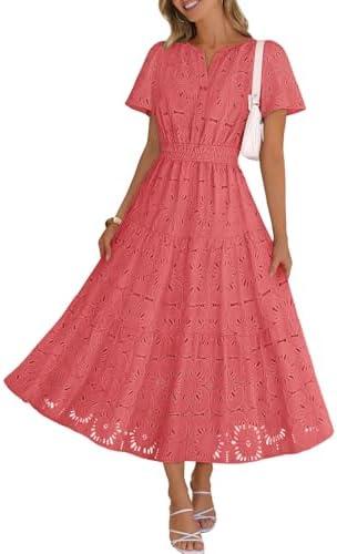 MEROKEETY Women's Summer Floral Maxi Dress 2026 Spring Boho Vacation Eyelet Lace Short Sleeve A Line Tiered Flowy Dresses M