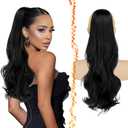BARSDAR Black Wavy Drawstring Ponytail Extensions 20 Inch Drawstring Comb Clip in Ponytail Hair Extensions for Women, Synthetic Natural Looking Curly Wavy Black Pony Tails Hairpieces