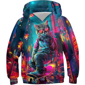 RAISEVERN Boys Girls Hoodies Kids Sweatshirts Pullover Hooded 3D Print Graphics Lightweight Hoody 6-16T (Blue)