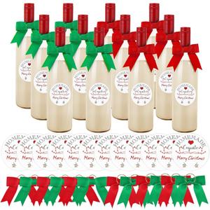 XunYee 48 Pcs Christmas Coquito Bottles Stickers and Bows for Wine Bottles Coquito Stickers Xmas Personalized Labels for Drinks Bottles Oils Dinner(No Wine Bottle)