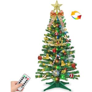 3 Ft Small Christmas Tree with Lights,50 Warm White & Colored Change LED Lights,Remote Control,8 Lighting Modes & Timer,Mini Xmas Tree with 3D Star & 44 Ornaments for Indoor Table Holiday Party Decor (Green)