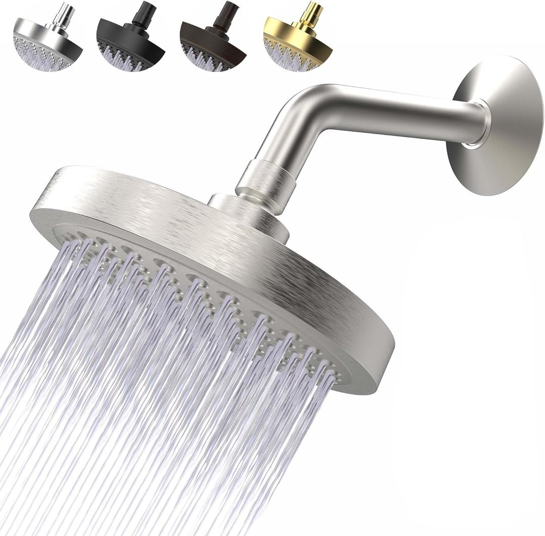 High Pressure Shower Head - Anti-Clogging Silicone Nozzles 2.5 GPM Removable Restrictor - Easy to Clean and Install - Includes Plumbers Tape - 6 inch - (Brushed Nickel 2.5GPM)