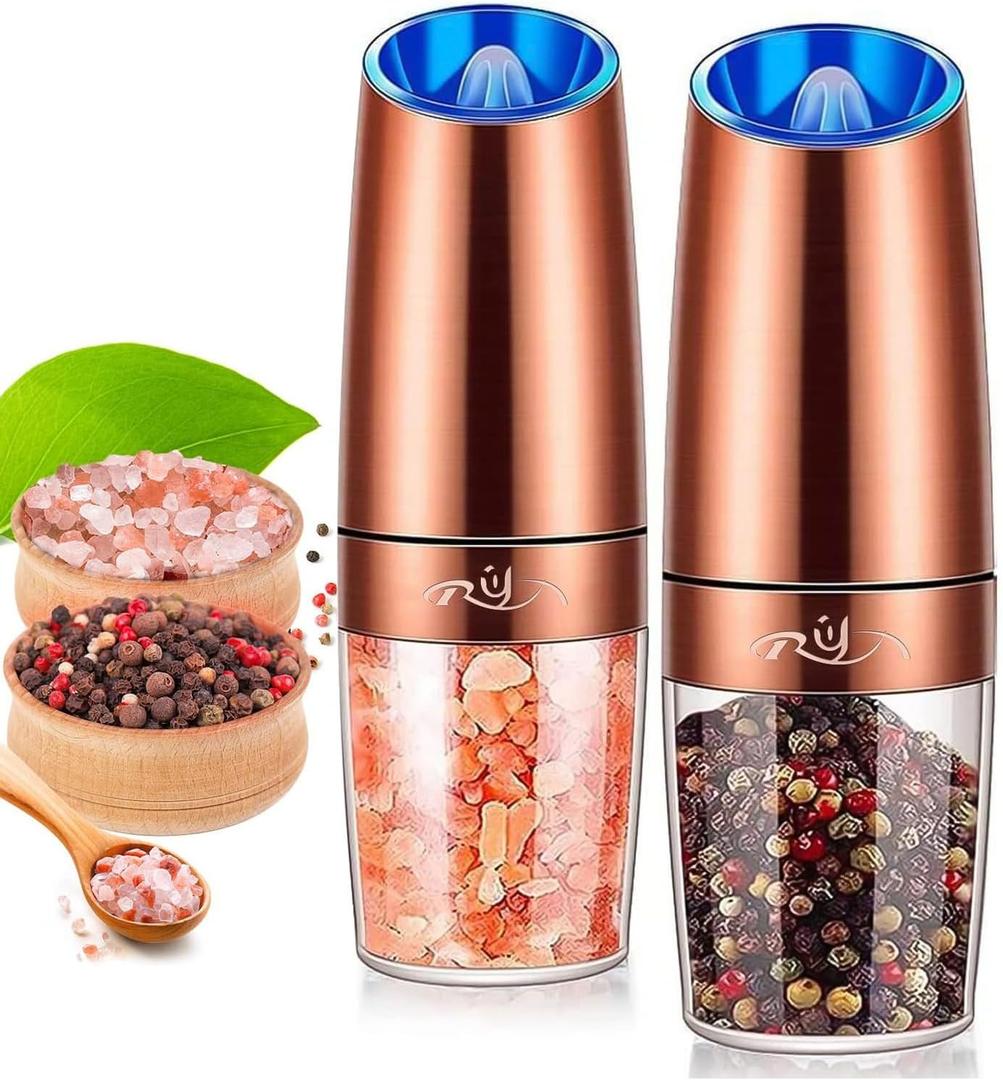 Rongyuxuan Electri Gravity Salt and Pepper Grinder Set, Ceramic Rotor, Stainless Steel,Blue LED Light,Battery Powered, Adjustable Coarseness, Support One Hand Use, Ideal partner for kitchens, Copper