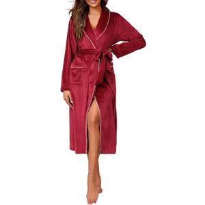 Ekouaer Women's Robe Long Velvet Bathrobe Fuzzy Soft Warm HouseCoat with Pockets Plush Shawl Collar Full Length Sleepwear (Medium, Wine Red)