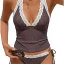 Verdusa Women's 2 Piece Tankini Swimsuits Polka Dots Lace Tie Backless Halter Tops with Thong Bathing Suits L