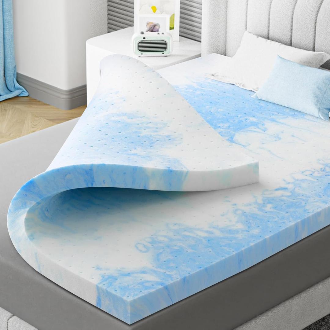 Memory Foam Mattress Topper Queen 2 Inch - Flexpedic Cooling Gel Foam Mattress Topper Queen Pad for Back Pain Relief - Ventilated and Breathable - CertiPUR-US Certified - Soft & Blue (Queen)