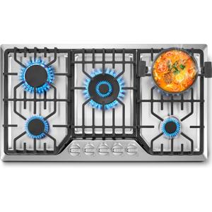 Amzgachfktch Gas Cooktop 36 inch with 5 Italy Sabaf Sealed Burners, Max 48,300 BTU Built-in Gas Stove Top, Propane Cooktop with 304 Stainless Steel Panel, NG/LPG Convertible, CSA Certified