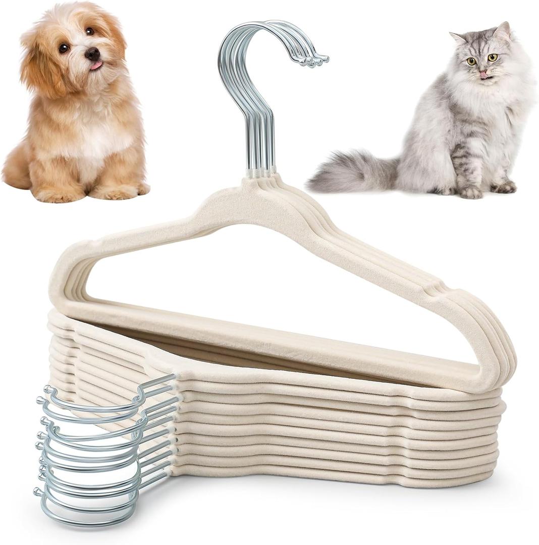 Weysat 24 Pcs Dog Clothes Hangers 11'' Non-Slip & 360 Swivel Velvet Small Pet Beige Hangers for Cats/Dogs with Rustproof Metal Hooks, Space-Saving for Home Storage & Grooming Salons Minimalism