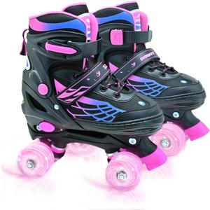Roller Skates for Boys Girls, Kids Skates, Adjustable Roller Skates with Light Up Wheels for Ages 3-12 RollerSkates for Youth Beginner (Black & Rose red) M