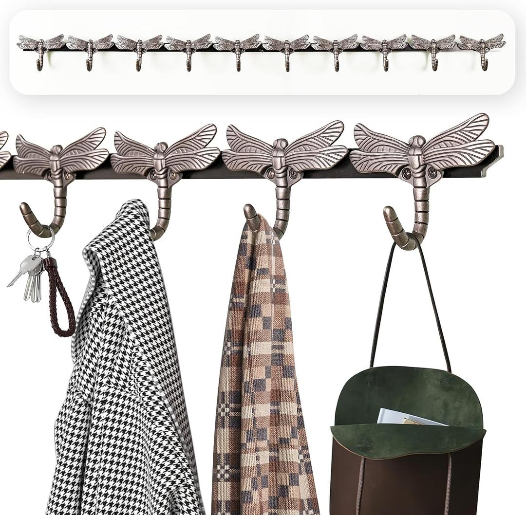 Heavy Duty Metal Wall Mounted Coat Rack - 10 Hooks Space Saving Wall Organizer, Aluminum Alloy Hook for Jackets/Hats/Backpacks, Modern Style Dragonfly Design Easy Mount (1 Item-10 Hooks)