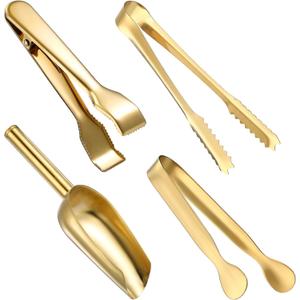 Sieral 4 Pieces Ice Tongs and Scoops Stainless Steel Ice Cube Tong with Teeth Shovel Scoop Buffet Clip Candy Food Kitchen Serving Utensils Set for Cocktail Whiskey Tea Party(Gold)