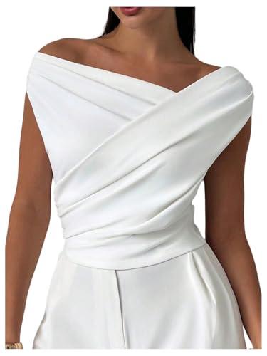 MakeMeChic Women's Dressy Wrap Tops Off The Shoulder Tops Summer Asymmetrical Tops White Small