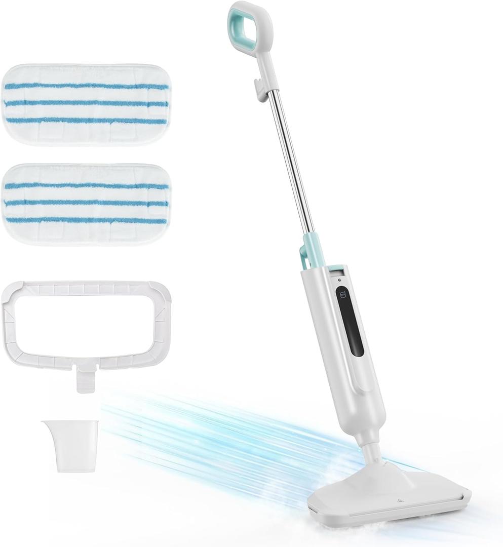 NEWBULIG Steam Mop for Hardwood/Tile/Carpet, Lightweight Steamer Cleaner for Floor Cleaning, 16.4 FT Cord and 2 Washable Pads (43.31"*7.87"*11.1", White and Green)