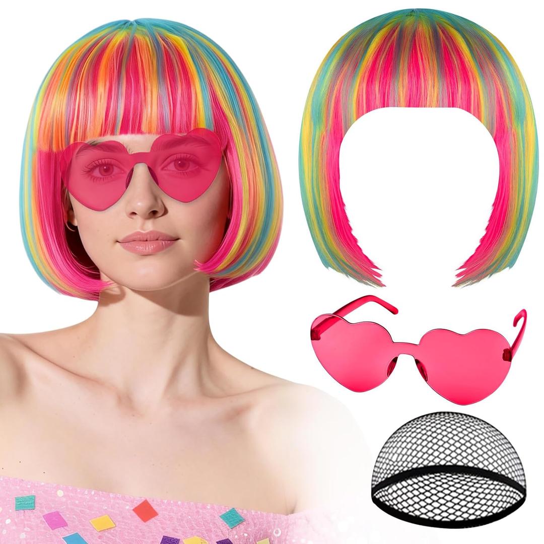 PLULON Pink Blue Yellow Bob Wig with Heart Sunglasses Hair Cap, Colorful Short Bob Wigs Synthetic Party Wigs Funny Cosplay Hairpieces for Women Neon Bachelorette Halloween Costume Party Decorations