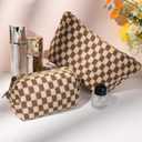SOIDRAM 2 Pieces Makeup Bag Large Checkered Cosmetic Bag Capacity Canvas Mix Travel Toiletry Bag Organizer Cute Makeup Brushes Aesthetic Accessories Storage Bag for Women, Checkered Mix Brown