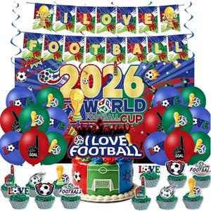 2026 World Cup Soccer Party Decorations Kit, Football Themed Party Supplies with Backdrop, Banners, Hanging Swirls, Cake Toppers, Balloons, Game Day Decor for World Cup Viewing Party, Sports Event