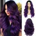 Purple wig Long Wavy Wigs for Women 26 Inch Middle Part Curly Wavy Wig Natural Looking Synthetic Heat Resistant Fiber Wig for Daily Party Use