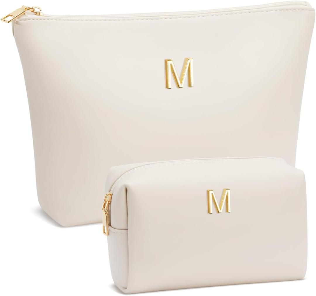 Graduation Gifts | Initial Makeup Bag for Women Teen Girl Personalized Gifts for Bridesmaid Teachers Friend Female College High school Cosmetic Travel Toiletry Bag(Beige,M)