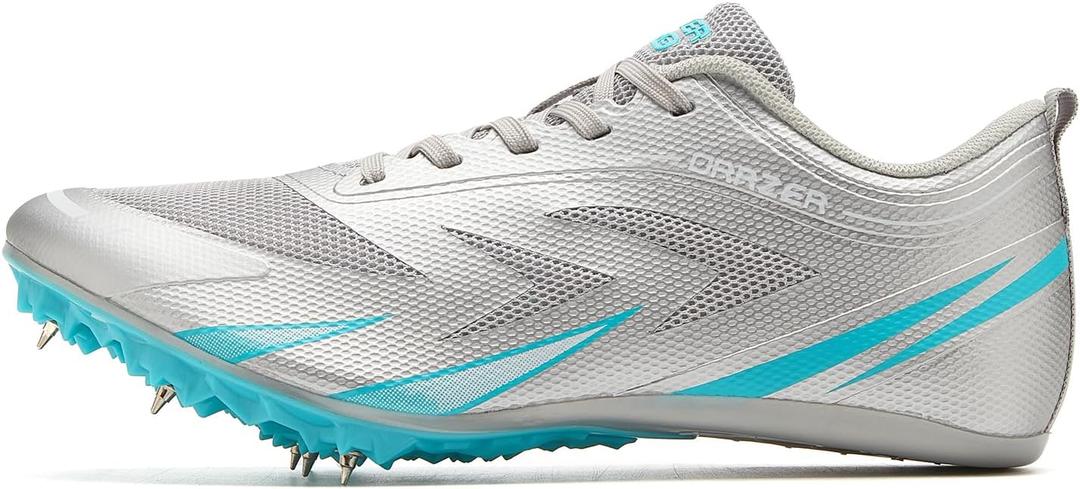 Track and Field Running Spike Shoe for Mens and Womens (12 Women/10.5 Men, Silver/Cyan)