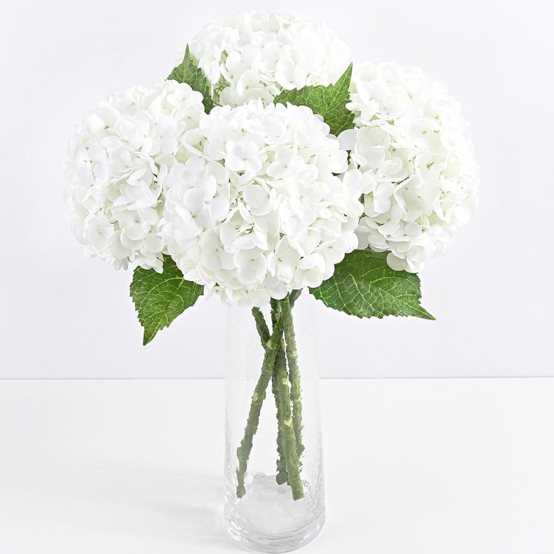 4 Pcs Real Touch Hydrangea Artificial Flowers, 21" White Full Faux Hydrangea Flowers Latex Fake Flowers for Home Decor Party Floral Arrangements Wedding Bouquets Centerpieces Outdoor Decor