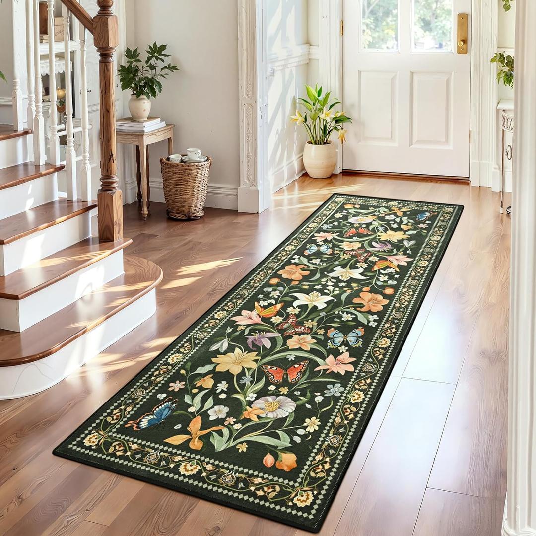 2x6 Kitchen Runner Rug, Washable Runners for Hallways Non Slip, Green Floral Mat with Rubber Backing, Vintage Carpet Runner for Entryway, Kitchen, Laundry, Bedroom, Bathroom