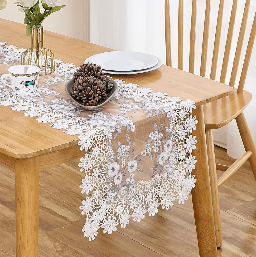 White Floral Lace Table Runner 108 inches Dresser Scarf for Spring Easter Summer Kitchen Wedding Party (Gray, 16x108) (Grey)