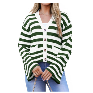 Saodimallsu Womens Striped Cardigan Sweaters Cropped Fall Button Open Front Long Sleeve Knit Sweater Coat with Pockets, Extra large, Dark Green 
