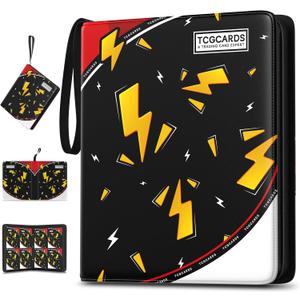 Trading Card Binder 4 Pocket,400 Pocket Card Collection Binder with 50 Removable Sleeves,PU Waterproof Top Card Book,3-Ring Zipper Collectible Trading Card Album for MTG/TCG/Card Holder Gift(Black) (Small)