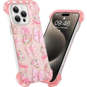 AIGOMARA Slim Frameless for iPhone 15 Pro Max Case, Cute Ribbon Bow Rose Design Clear Glitter Phone Case for Women Girls, Ultra-Thin Minimalist Borderless Hard PC Shockproof Case Cover, Pink
