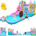 Inflatable Water Slide Bounce House, 8-in-1 Water Park with Water Cannon, Climbing Wall, Basketball Hoop & Splash Pool, Ice Cream Castle Theme, 126x79x65 inches, Ages 3-6, 350W Blower Included