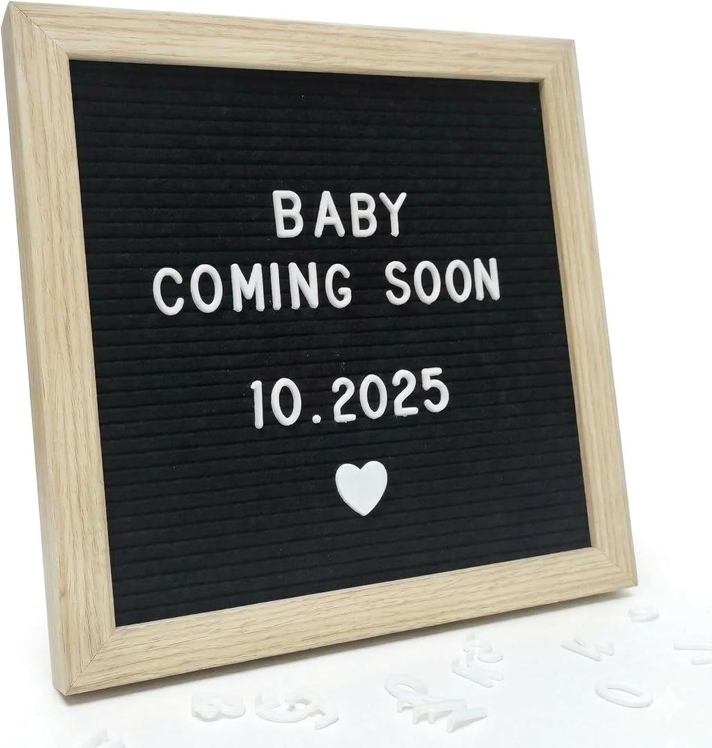 C CRYSTAL LEMON Black Felt Letter Board 10x10in, Baby Announcement Sign & Pregnancy Announcement Board, 336 Letters, Wooden Frame, Wall Mount or Stand