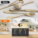 3 x Grey Washed Mango Wood Flatware Caddy with Metal Handles - 3 Compartment Organizer Box for Silverware, Sauce Spoon, Tongs and More (BLACK)