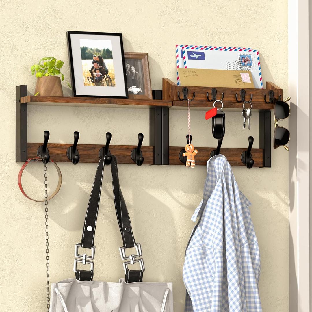 29'' Rustic Coat Rack Wall Mount with Shelf, Solid Wood Coat and Key Hanger with 11 Metal Hooks, Farmhouse Wall Organizer for Mail, Entryway Wall Hangers for Hats, Clothes, Backpacks, Mudroom