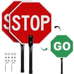 2 Pack Stop Go Sign with Metal Handle, 13"x13" Double Sided Stop/Go Traffic Sign, Rust Free Reflective Aluminum, Fade & Weather Resistant, Waterproof, UV Protected, Easy to Mount and Read