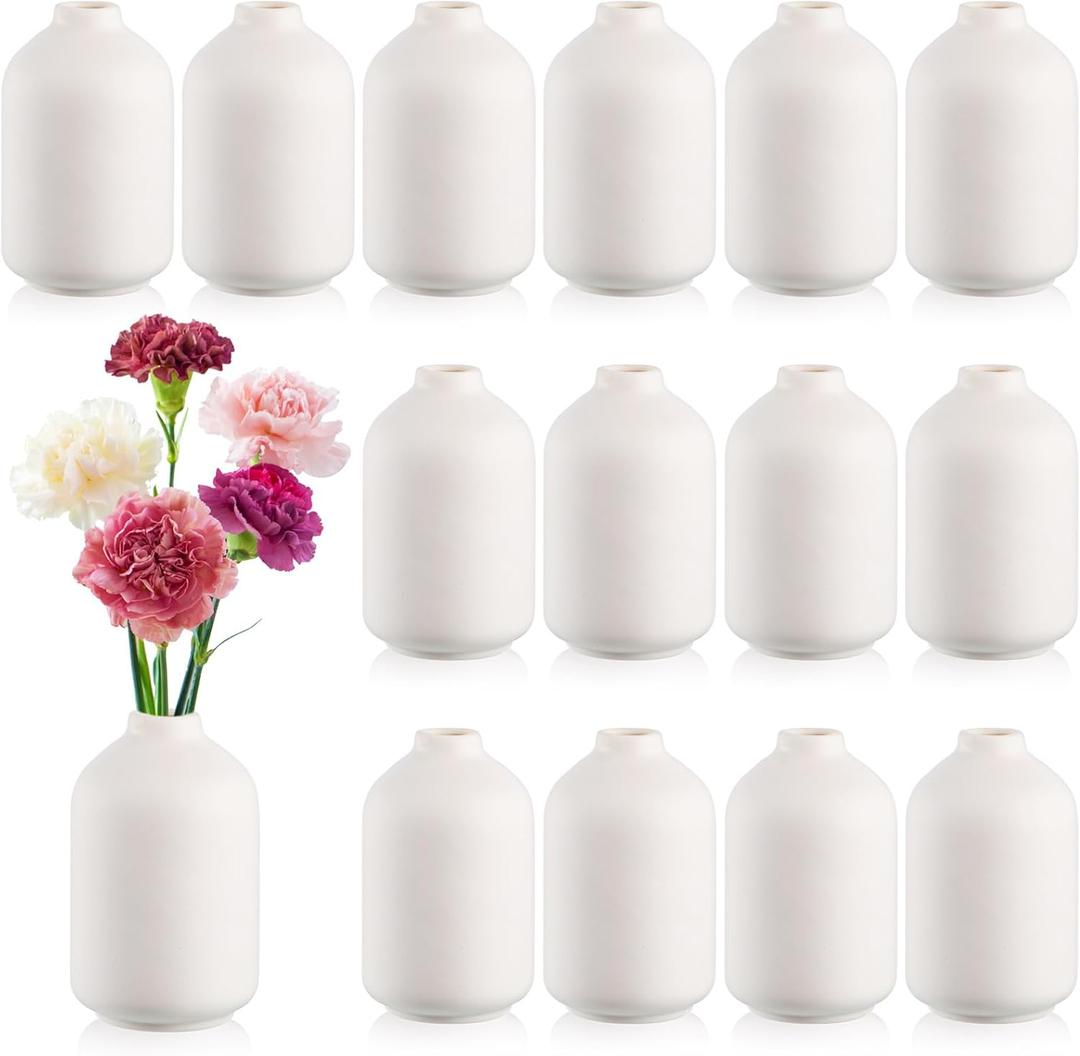 Tioncy 15 Set 5.5"*3" White Ceramic Bud Vases Bulk Boho Christmas Decoration Centerpieces Small Flower White Ceramic Vases for Dry Flowers Pampas Grass Home DIY Wedding Table Decor