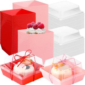 Layhit 100 Pack Mothers Day Charcuterie Boxes with Clear Lids and Rope 4" Disposable Square Dessert Boxes Pink Red Food Box Charcuterie Container for Wedding Party Favors