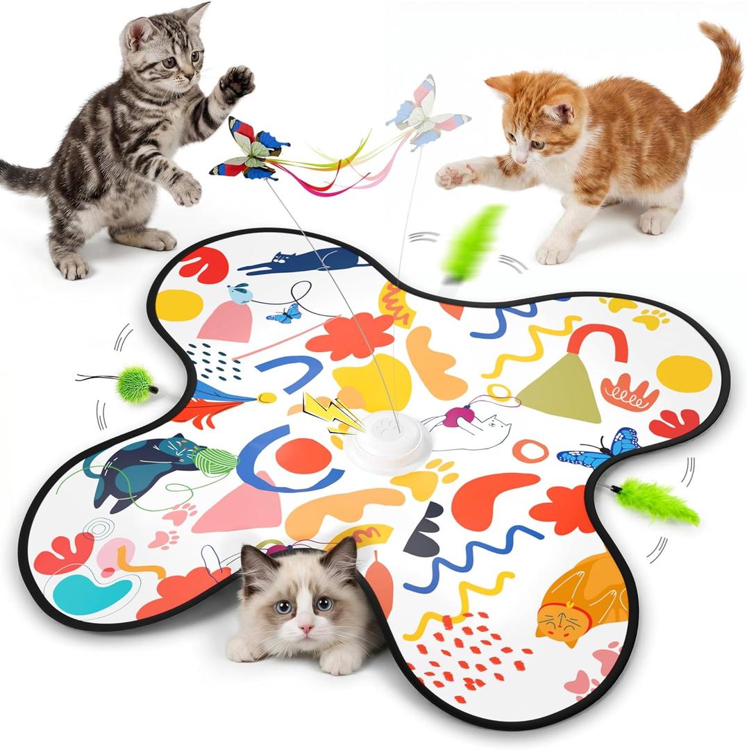 Interactive Cat Toys for Indoor CatsRechargeable Automatic Hide and Seek Kittens Toy with Moving Wand Feathers,Fluttering Butterfly,Real Mouse Squeaky,Motion Activated for Exercise & Bored Adult Cats