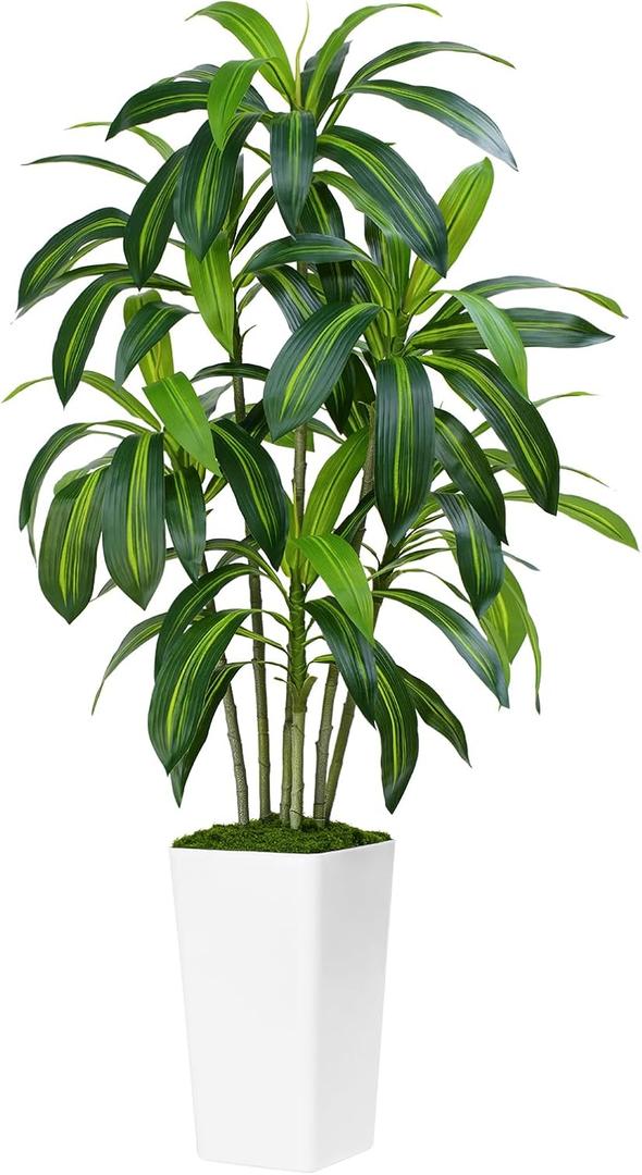 Dracaena Plant Artificial Tree 5Ft Tall Fake Tropical Floor Plants Potted Artificial Silk Tree Leaf Faux Trees White Tall Planter for Home Office Living Room Indoor Outdoor Decor