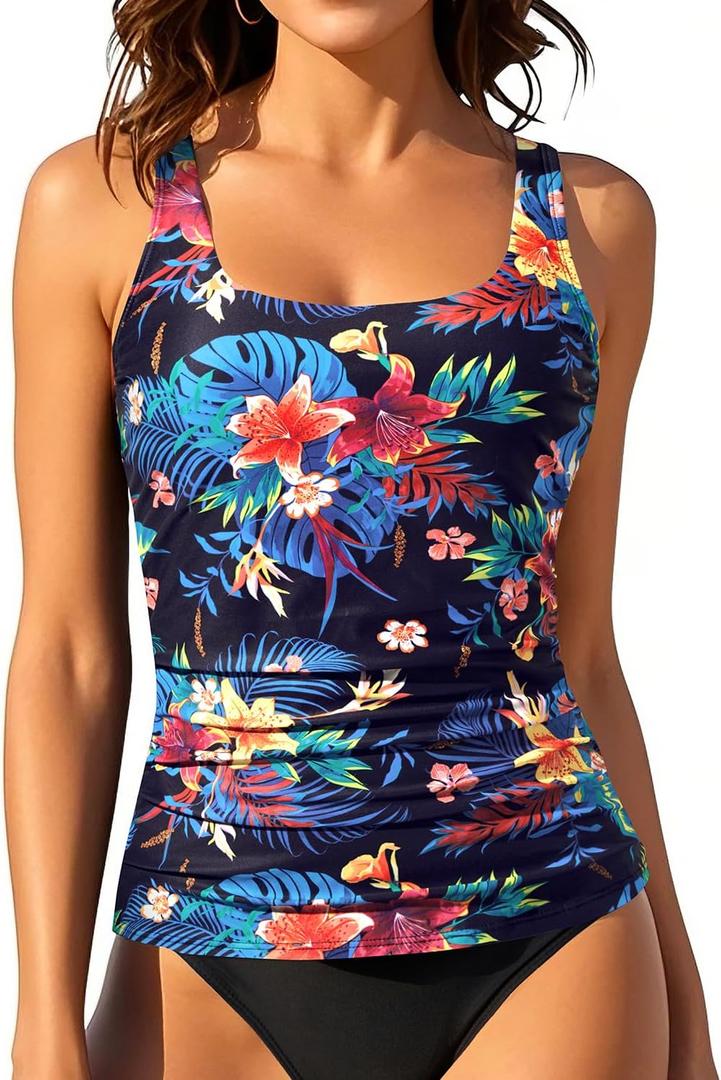 Aqua Eve Tankini Tops for Women Swimwear Top Only Tummy Control Bathing Suit Top No Bottom (Large, Black and Colorful Flower)