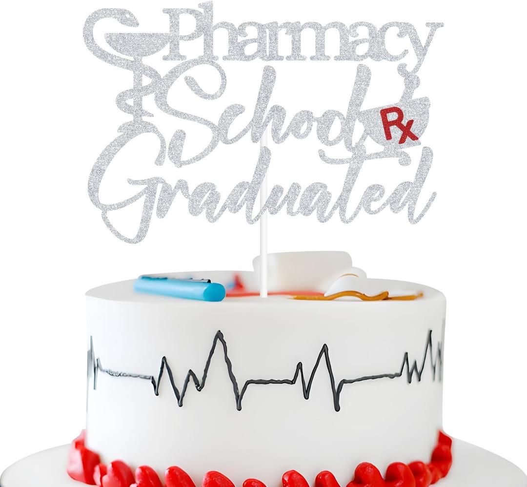 Pharmacy School Graduated Cake Topper, Congrats Pharmacist, Pharmacy School Graduation Party Decorations Silver Glitter