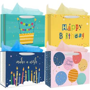 Nihuecne 16" Extra Large Happy Birthday Gift Bags with Tissue Paper, 4 Pack Paper Gift Bags with Handles for Birthday Gift Wrap,4 Designs