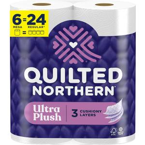 Quilted Northern Ultra Plush Toilet Paper, 6 Mega Rolls = 24 Regular Rolls, 3X Thicker*, 3 Ply Soft Toilet Tissue | 3X Thicker*, Ultra Soft