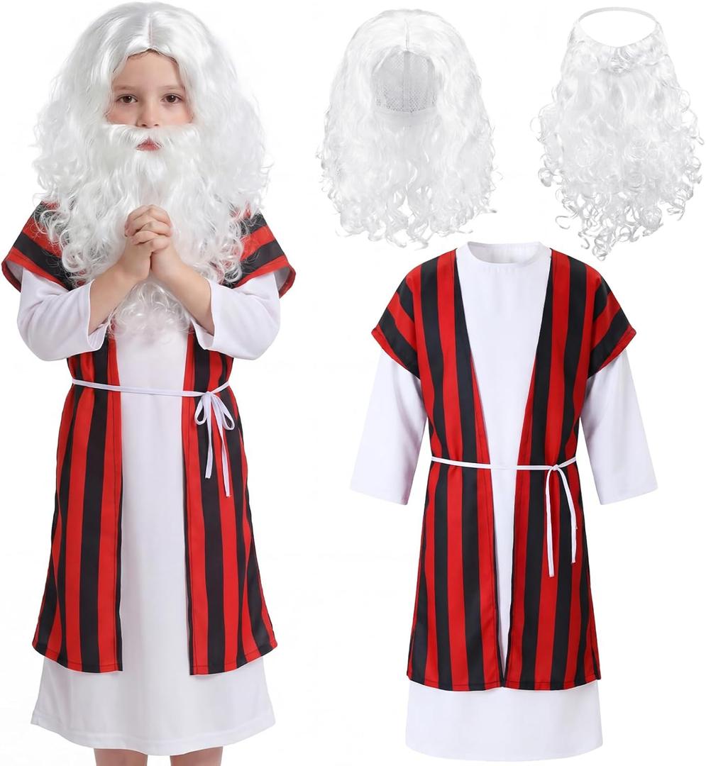 Skicuff 5 Pcs Moses Costume for Kids Boy Biblical Costumes Accessory Outfits with Robe Tunic Belt Wig Beard for Children (White). 32*14 size