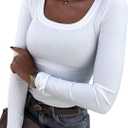 Roselux Womens Long Sleeve Scoop Neck Ribbed Knit Fitted Casual Tops Tee Slim Basic Shirts (Medium, White)