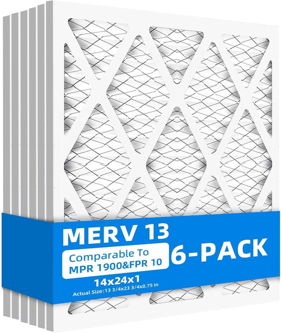 (6 Pack) 14x24x1 Air Filters, MPR 1900 & FPR 10, MERV 13 Pleated Air Filter (Actual Size: 13.75" x 23.75" x 0.75")