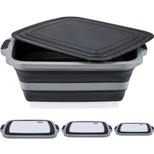 TANOSHII 3-Piece Collapsible BBQ Prep Tubs with Lids and Built-in Cutting Board For Meal Prep Marinating Food Storage&Washing Picnic Camping Set of 3 (1) Medium + (1) L + (1) XL Black