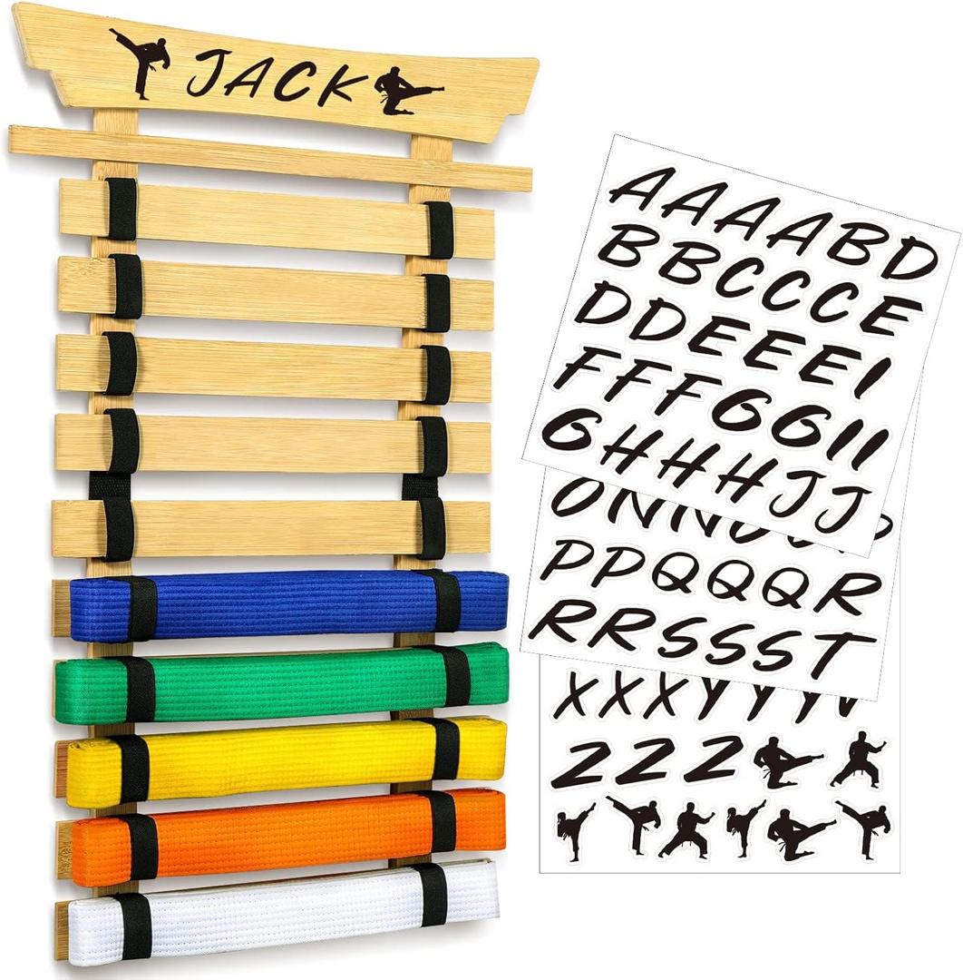 Karate Belt Display Rack with Stickers, Martial Arts Belt Display Holder, Taekwondo Belt Jiu Jitsu Belt BJJ Belt Display Hanging Holder for Adults (Bamboo)