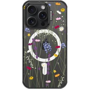 MOSNOVO Magnetic Case for iPhone 15 Pro, 10ft Military-Grade Protection, Compatible with Magsafe, Shockproof Phone Case for iPhone 15 Pro - Floral Garden - Clear Black